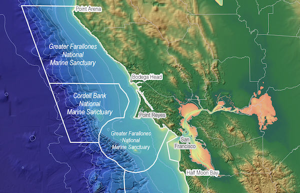 Map of boundaries of Greater Farallones National Marine Sanctuary (GFNMS) and Cordell Bank National Marine Sanctuary (CBNMS) off the North-Central California Coast. The southern GFNMS boundary is just south of Point Reyes and northern boundary is Point Arena. CBNMS sits off the coast between Bodega Head and Point Reyes.
