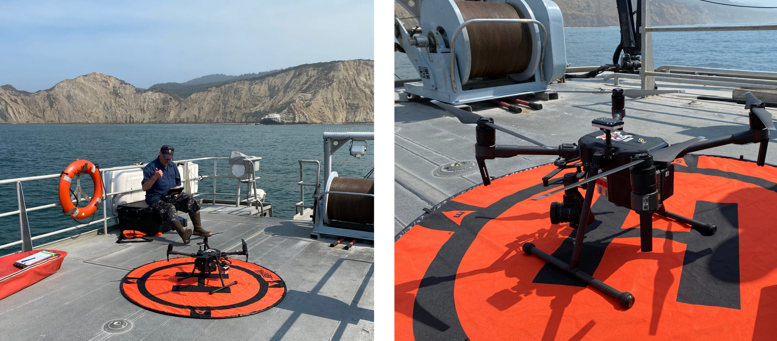 Pilot Pat Iampietro preparing for drone launch from the R/V Fulmar to map kelp canopy. Photos by Angela Zepp.